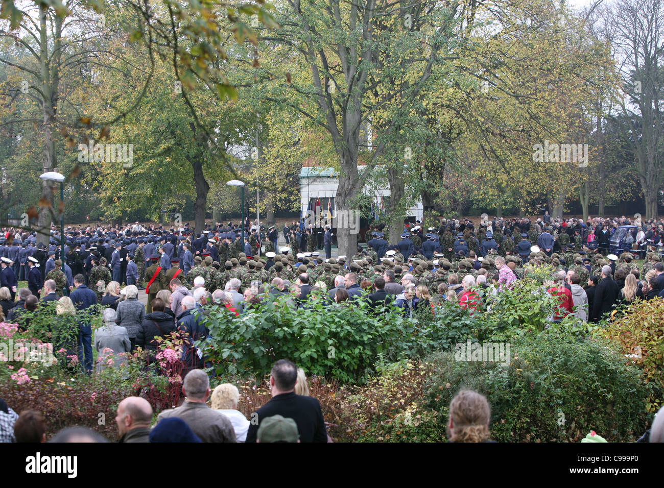 people gathered at a remembrance day event in loughborough Stock Photo