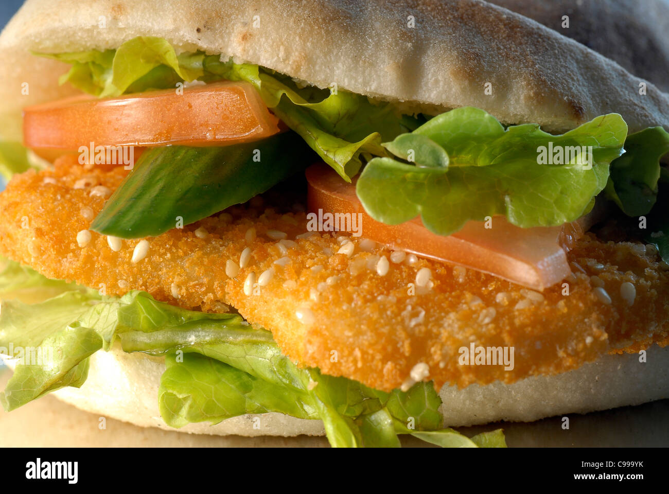 breaded Chicken escalope (Schnitzel) in a pita with salad Stock Photo