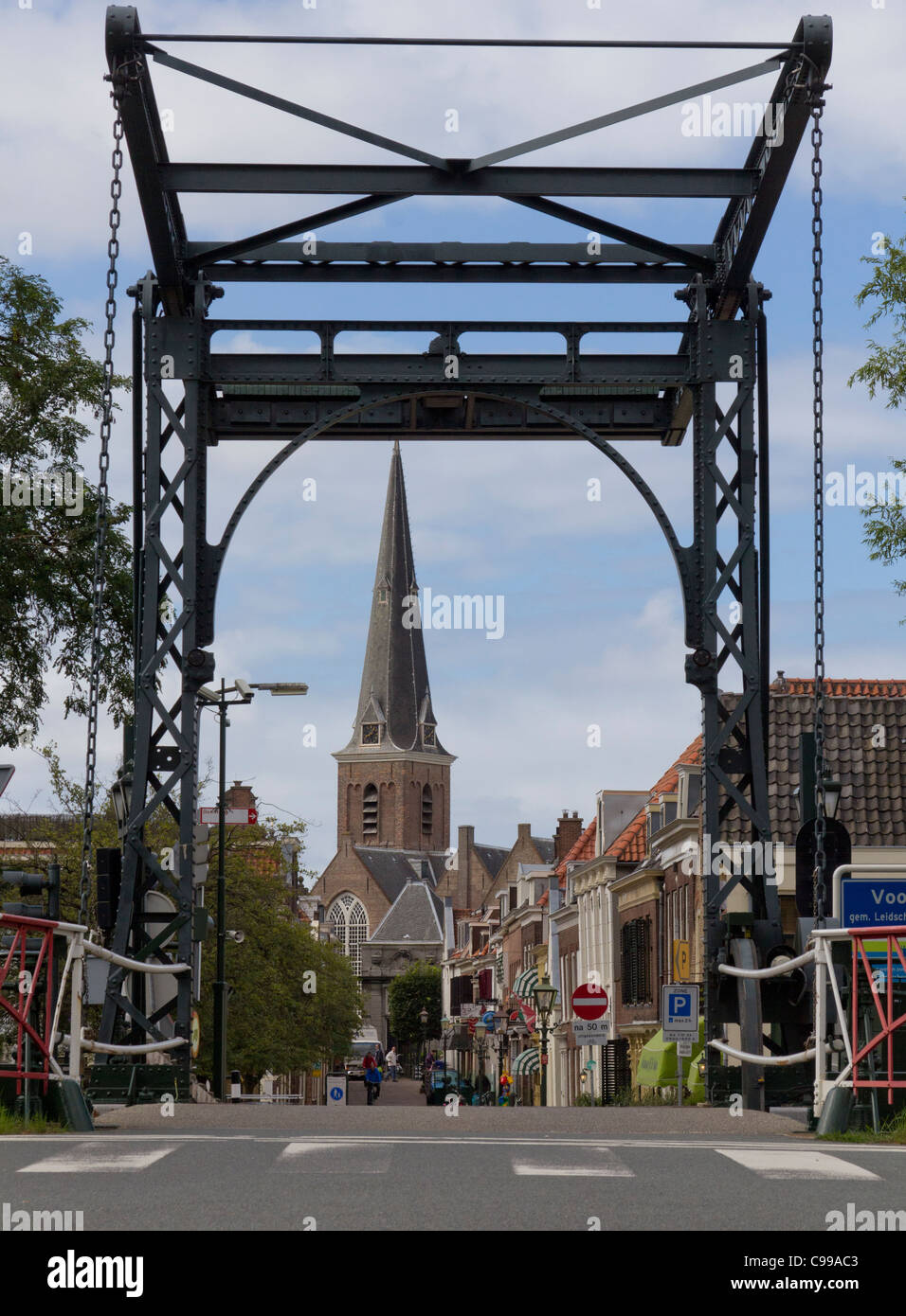 Drawbridge over the canal into the town of Voorburg on the outskirts of Den Haag, The Netherlands Stock Photo