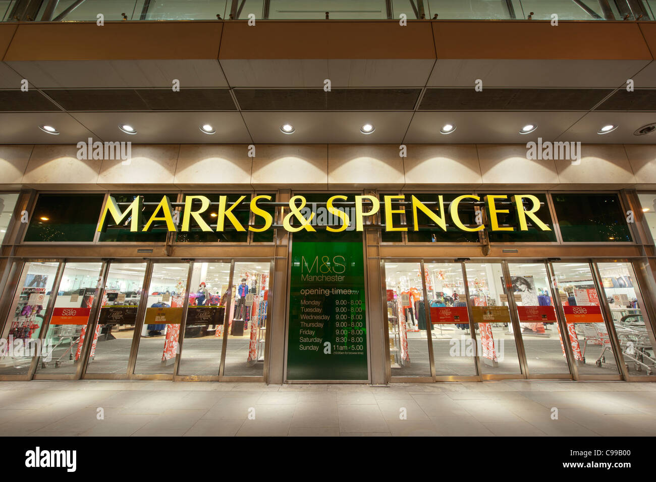 A night time shot of the entrance the Marks and Spencer flagship store in Manchester with no people (Editorial use only). Stock Photo