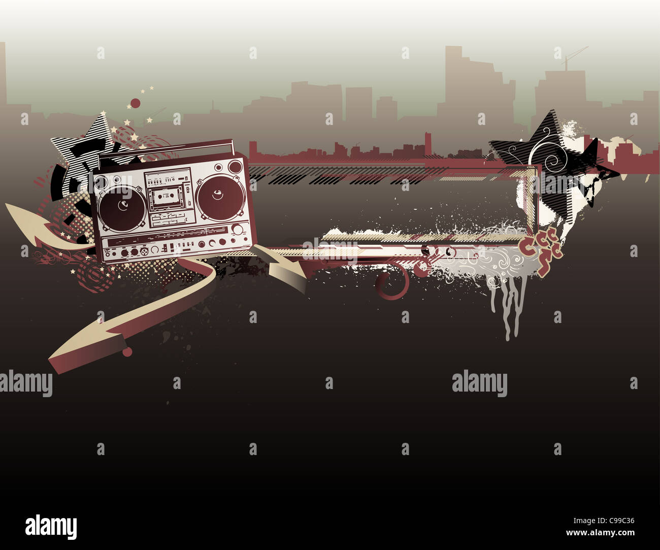 illustration of urban music grunge frame with stars and boombox Stock