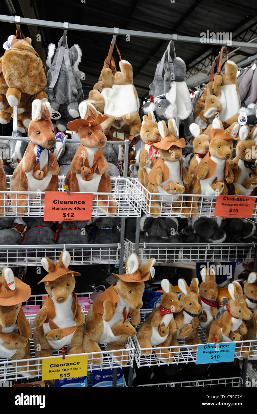 Cuddly kangaroo toys on sale at a souvenir stall at the Queen Victoria Market in Melbourne, Australia Stock Photo