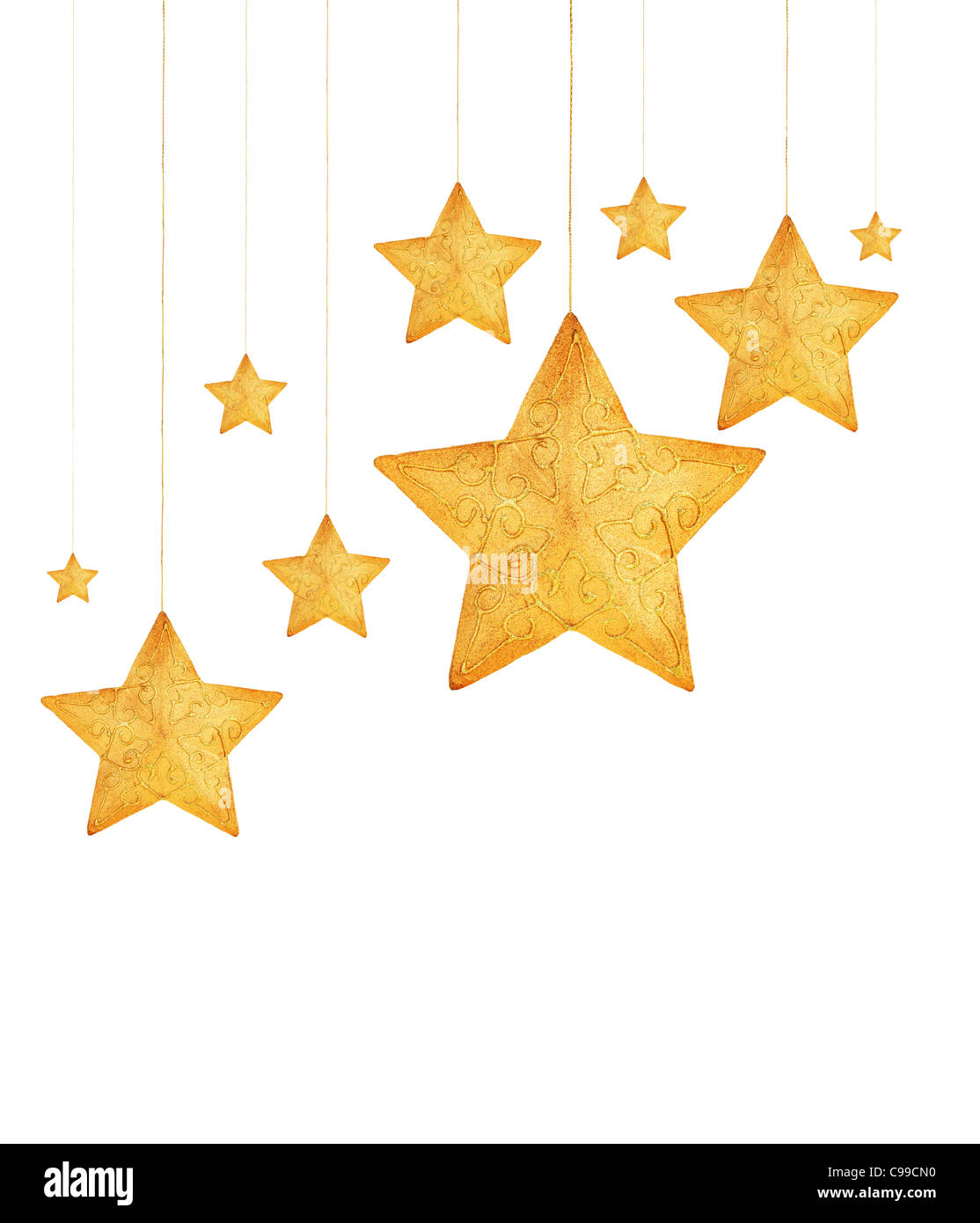 Golden stars, Christmas tree ornaments and holiday decorations isolated on white background Stock Photo