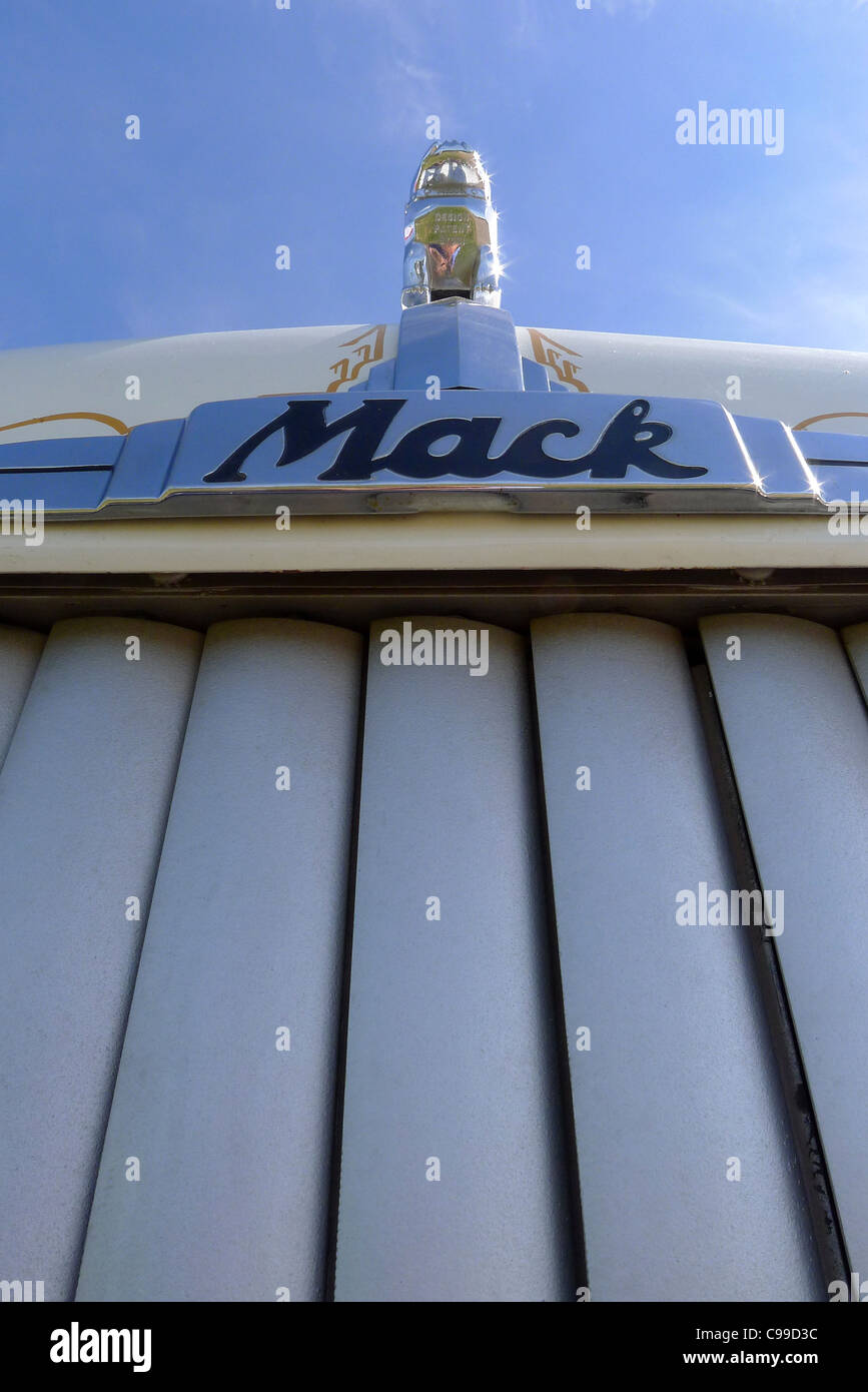 The distinctive grille, logo and bulldog mascot of an antique Mack truck. Stock Photo