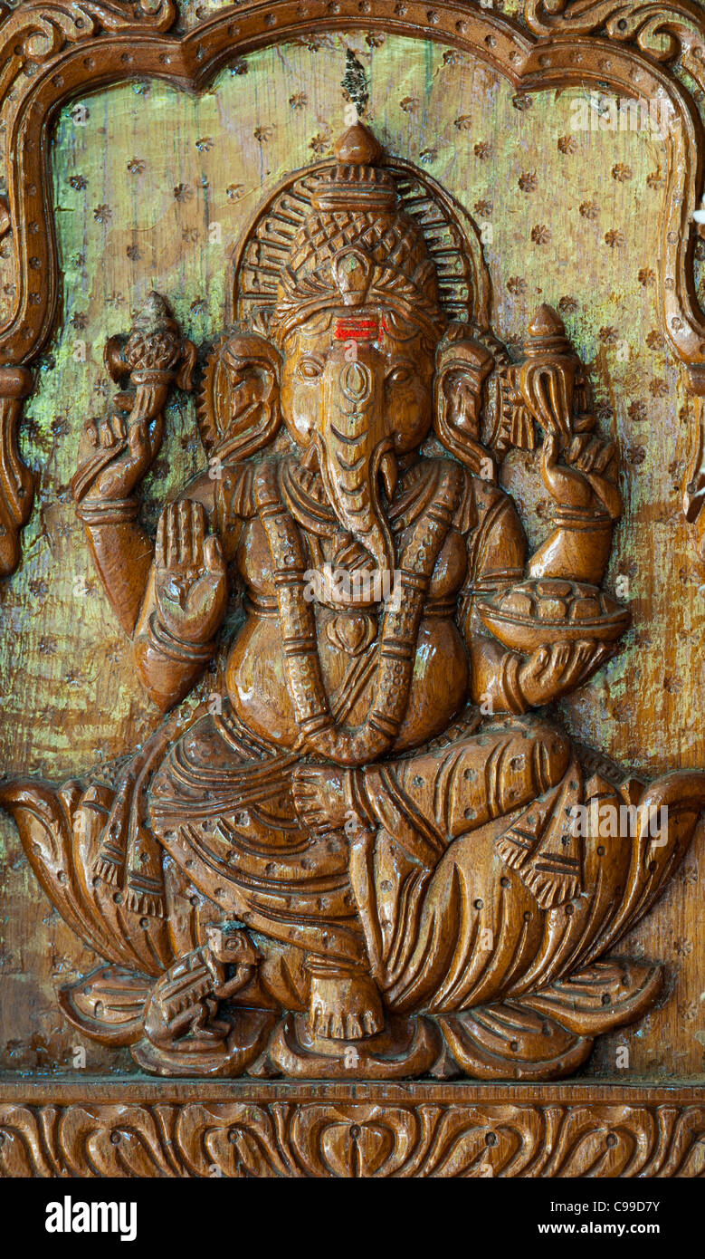 Lord Ganesha wood carving . India Stock Photo