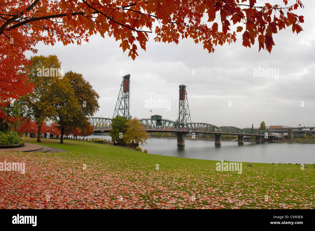Fall Colors at Portland Oregon Downtown Waterfront by Hawthorne Bridge Stock Photo
