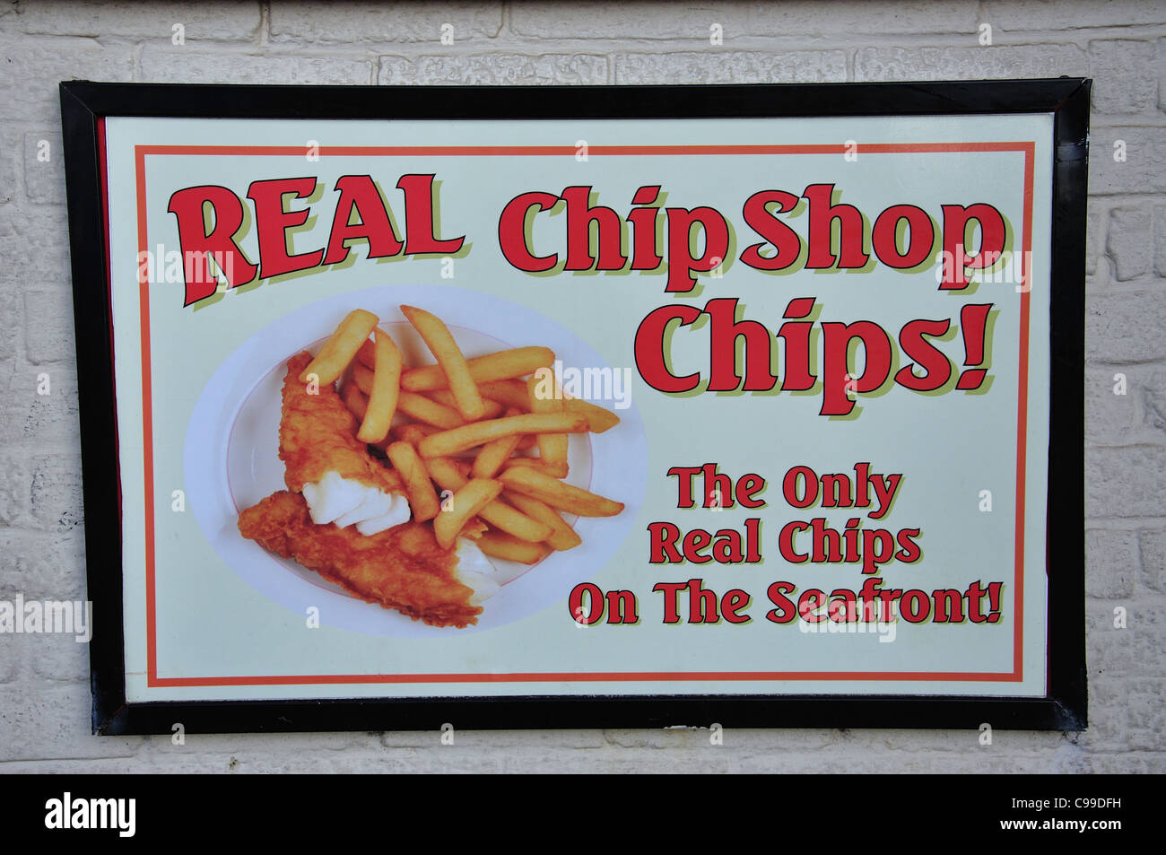 Chip shop chips sign outside promenade cafe, Southsea, Portsmouth, Hampshire, England, United Kingdom Stock Photo