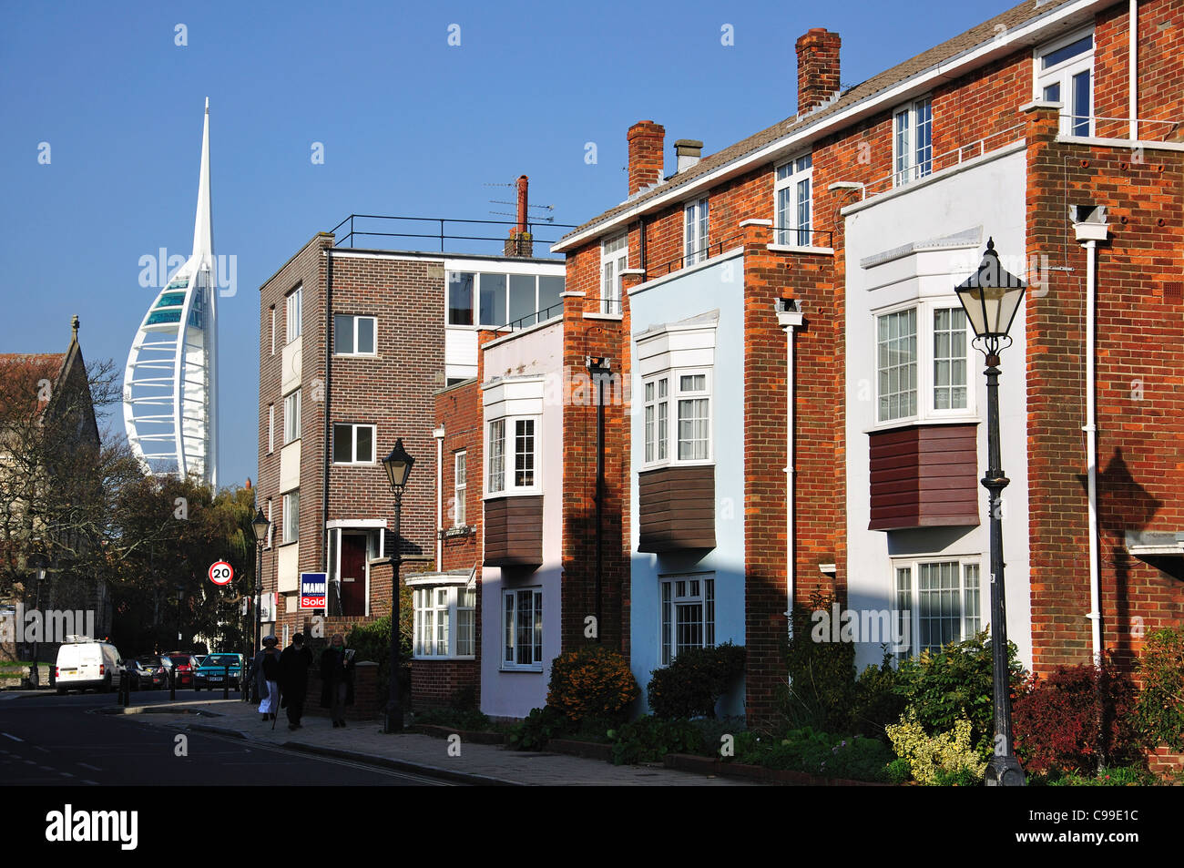 View of Spinnaker Tower from Pembroke Road, Old Portsmouth, Portsmouth, Hampshire, England, United Kingdom Stock Photo