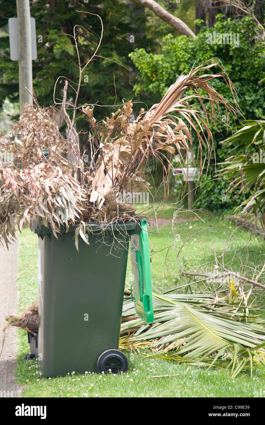 Green garden waste compost bin awaits council collection for recycling