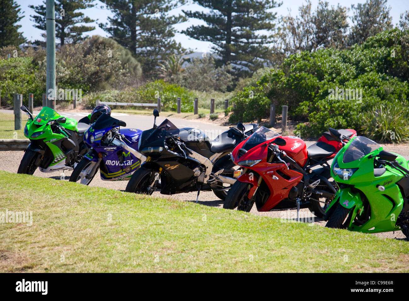 motorcyclists out for a sunday ride park their bikes by palm beach,sydney Stock Photo