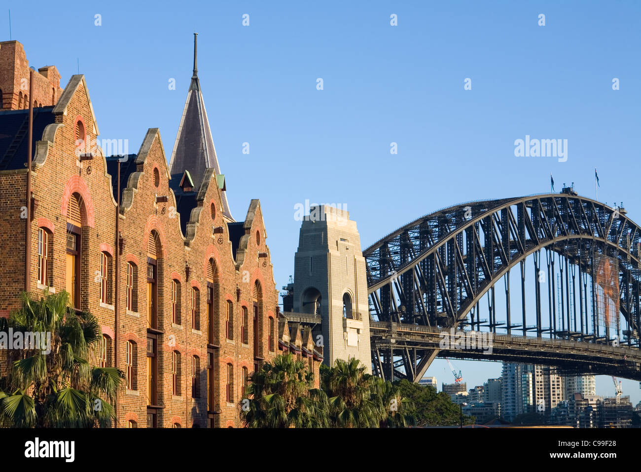 The architecture of the Australasian Steam Navigation Co. building and Harbour Bridge.  Sydney, New South Wales, Australia Stock Photo
