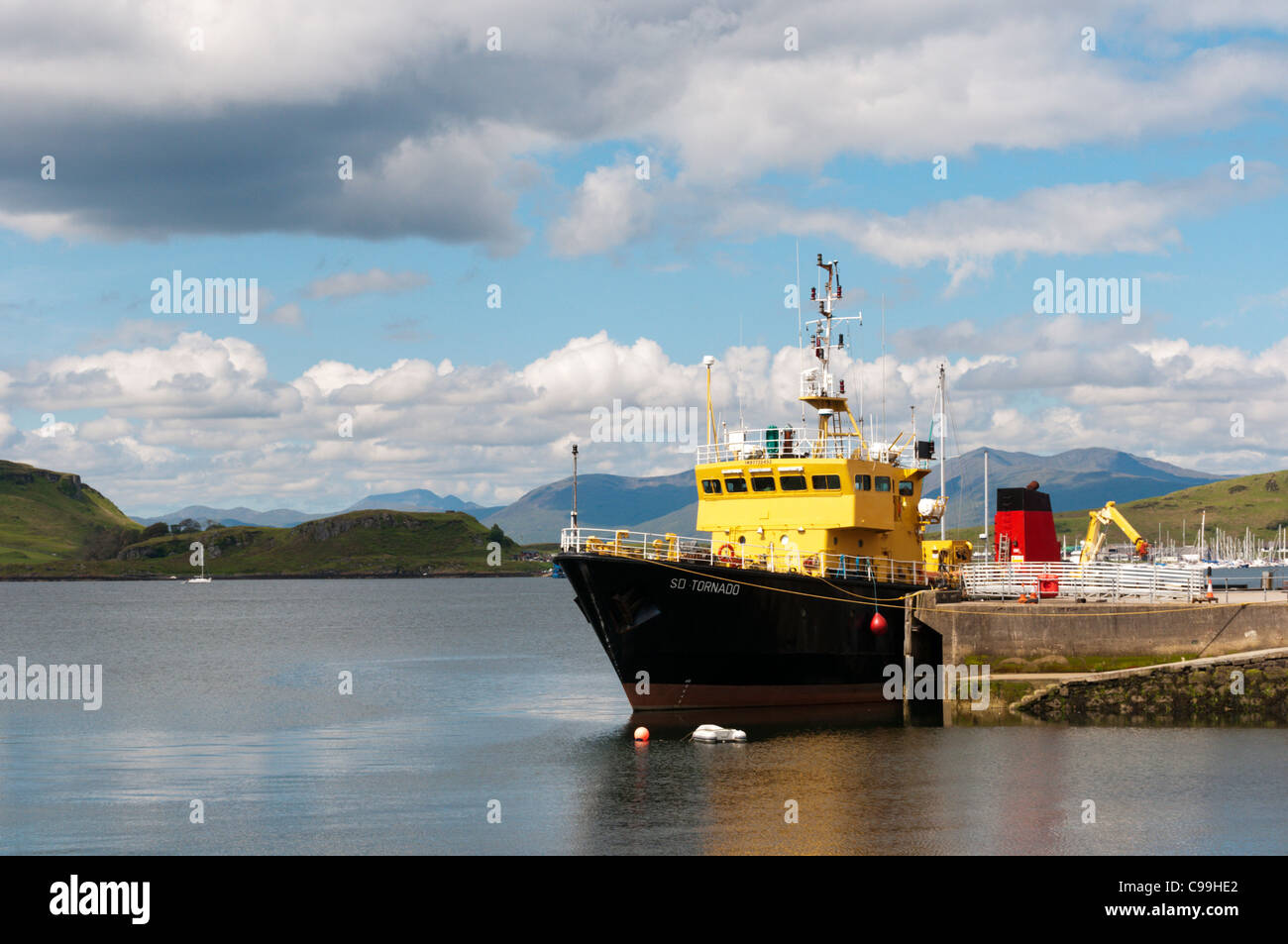 The SD Tornado dive support ship in Oban harbour on the west coast of Scotland. Stock Photo