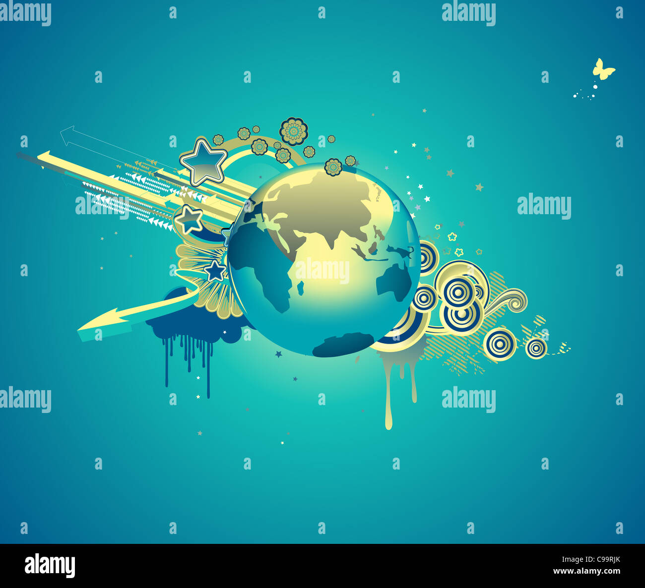illustration of funky abstract background with globe, flowers, arrows and circles Stock Photo