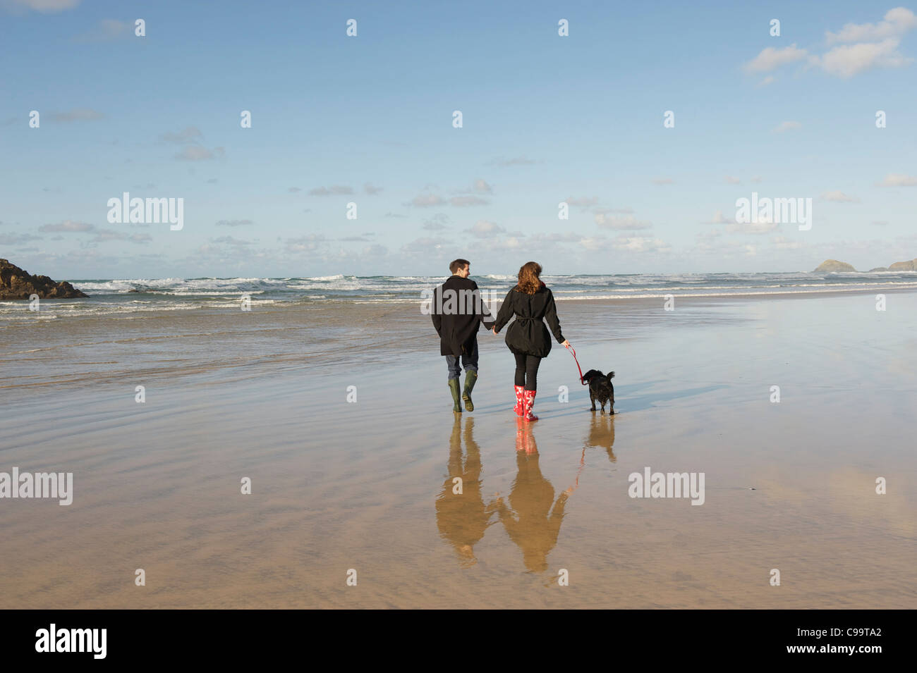 Young couple walking dog on a beach in winter. Stock Photo