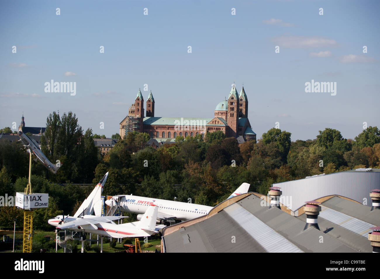 Romanesque cathedral of Speyer, Rheinland-Pfalz, Germany seen from the Technik Museum (air museum) Stock Photo