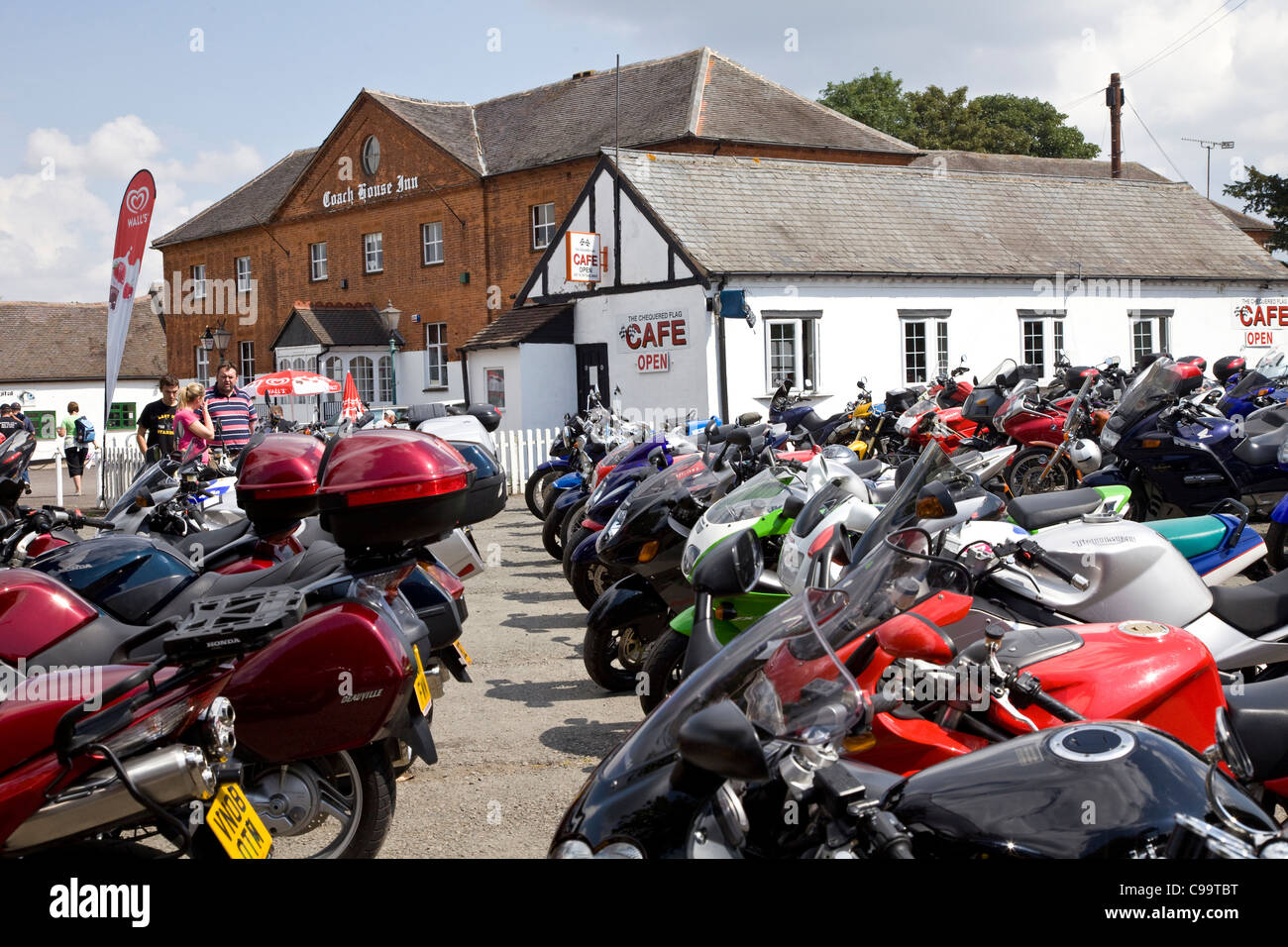 Motorbikes parked at Mallory Park Racing Circuit, Leicestershire during a meeting. Stock Photo