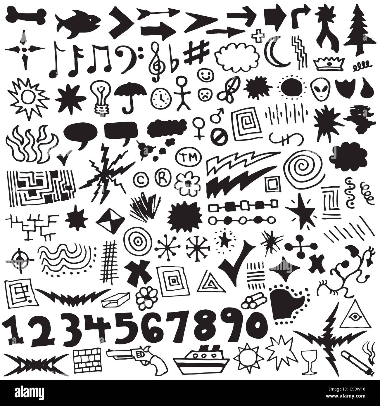 Collection of over 120 unique, hand-drawn design elements. Stock Photo
