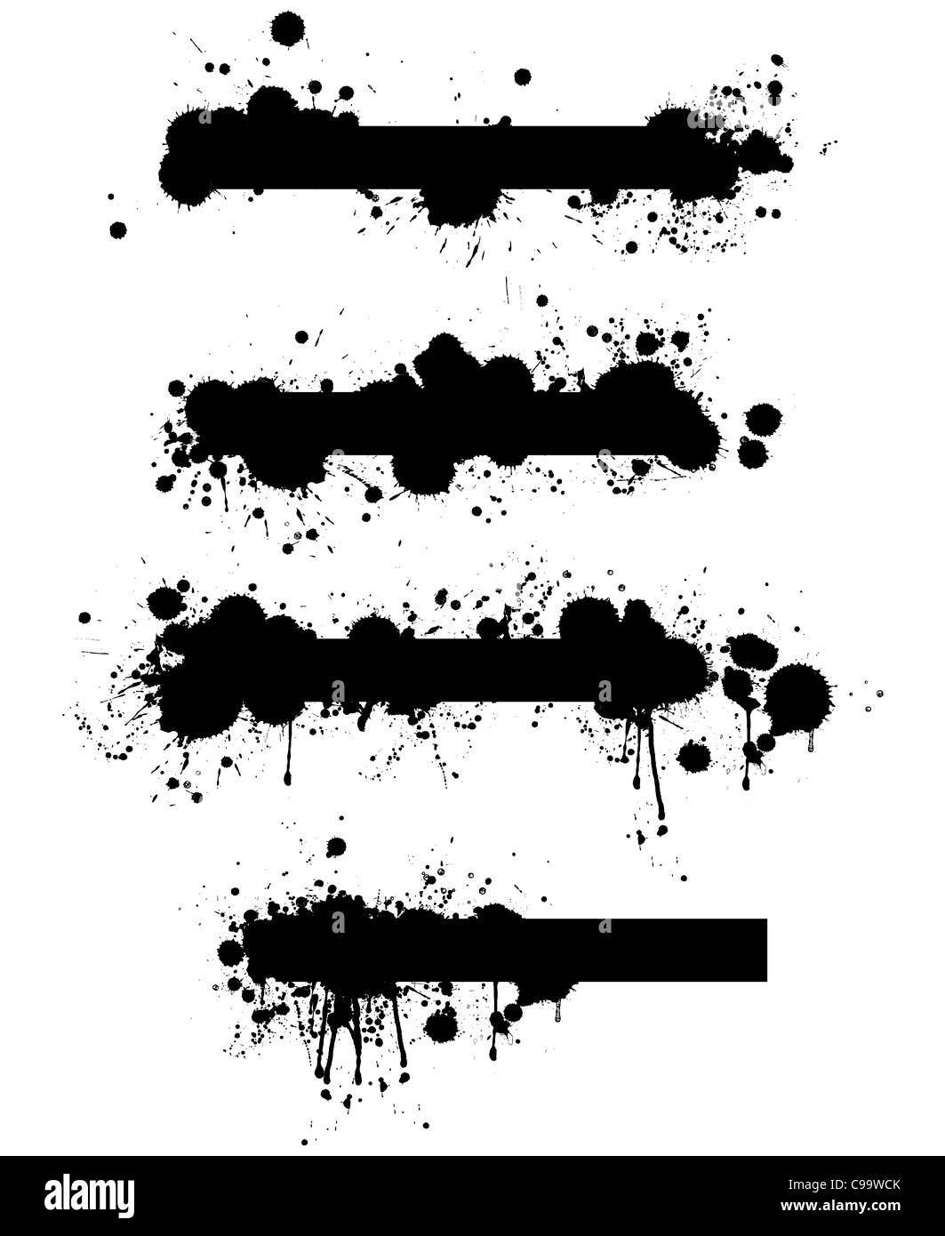 A collection of four highly detailed grunge splatter banner design elements. Stock Photo