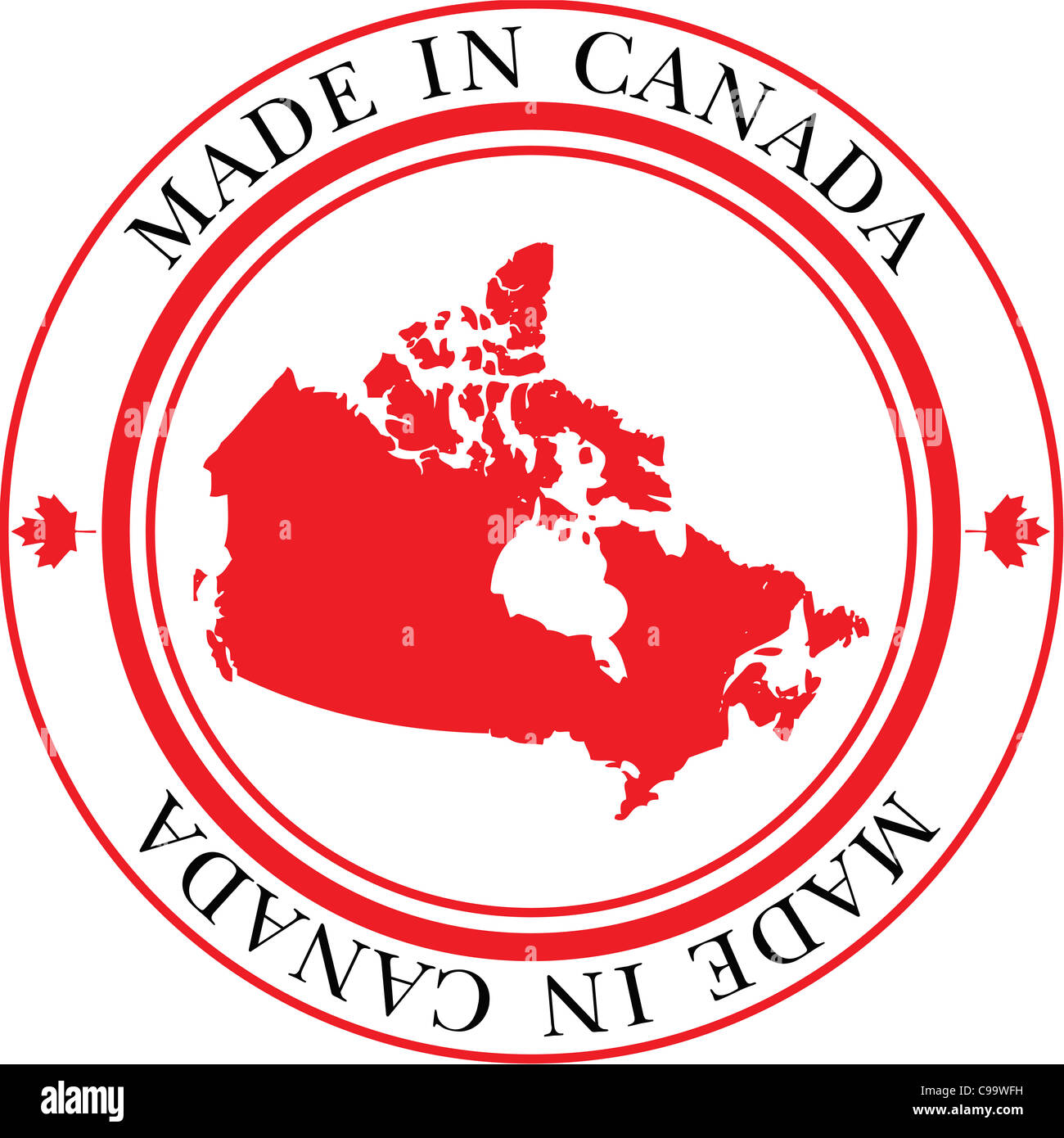 Made in Canada circular stamp featuring maple leaf and map of Canada in