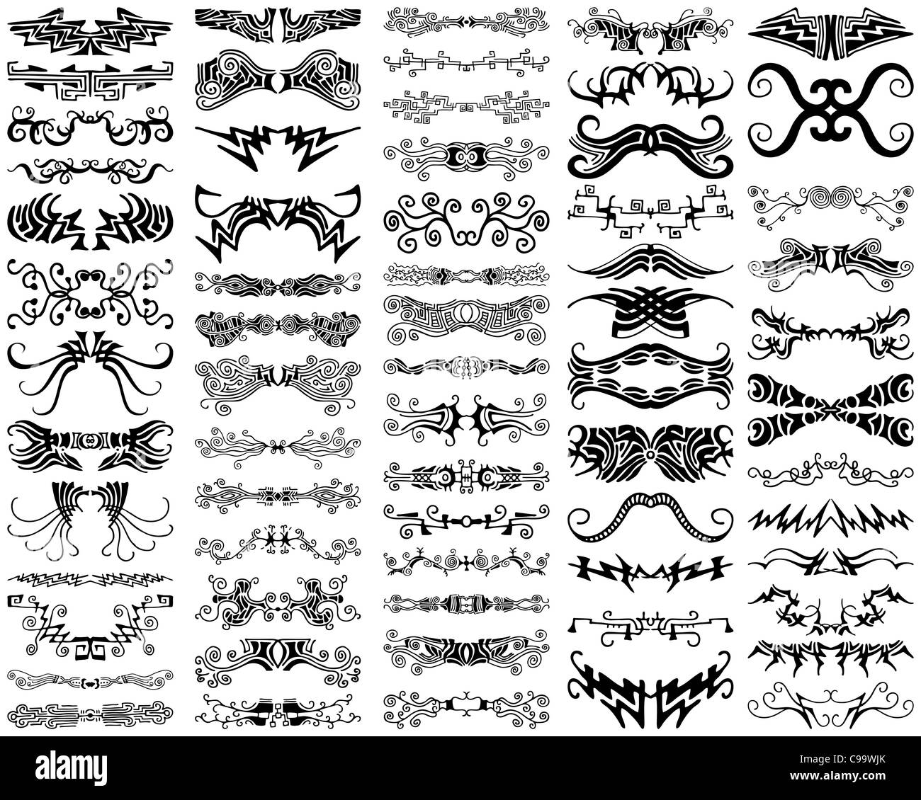 A set of 65 unique, decorative, ornamental design elements, borders, flourishes, horizontal