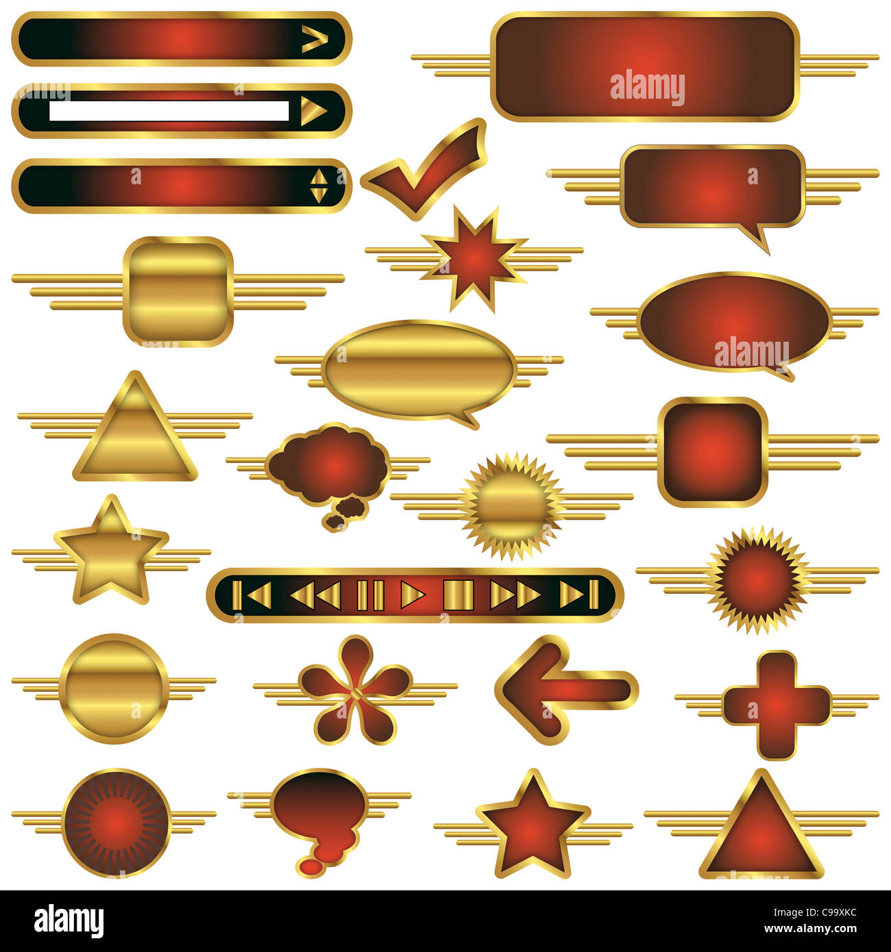 Collection of web design symbol graphics and icons in gold and red. Stock Photo