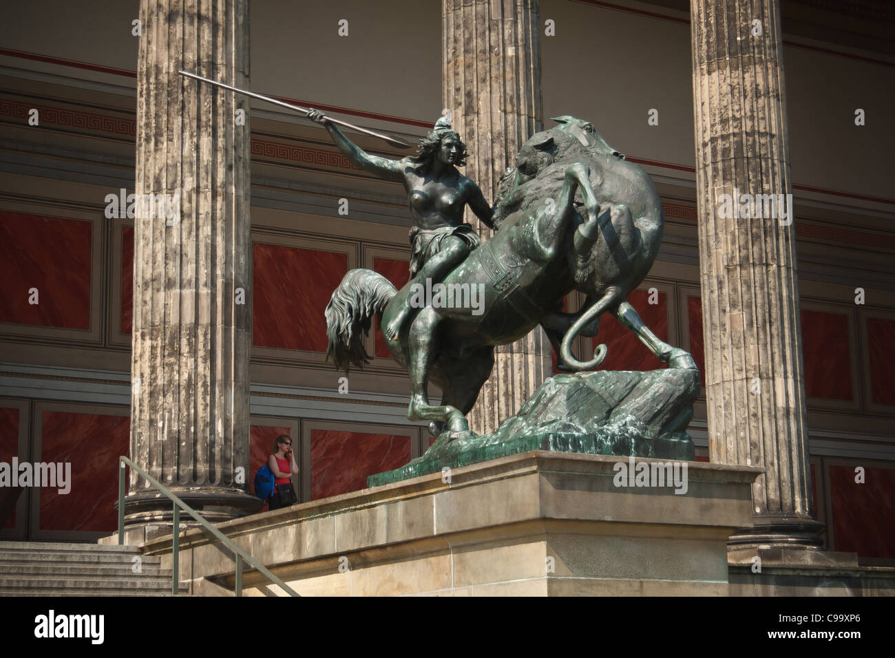 Löwenkämpfer - bronze sculpture of horsewoman with spear in front of Altes Museum in Berlin Germany Stock Photo