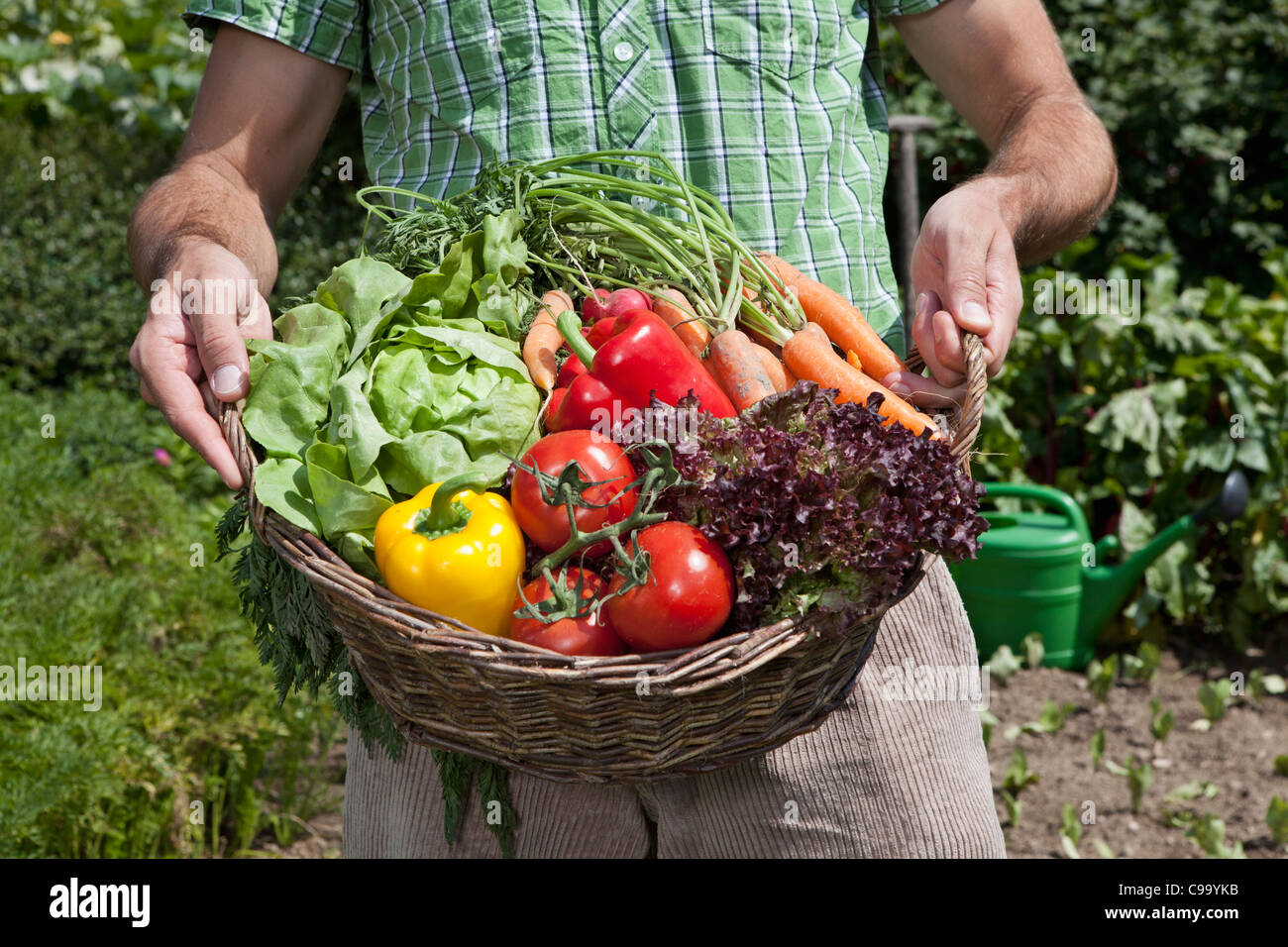 Germany, Bavaria, Altenthann, Man with basket full of vegetables Stock Photo