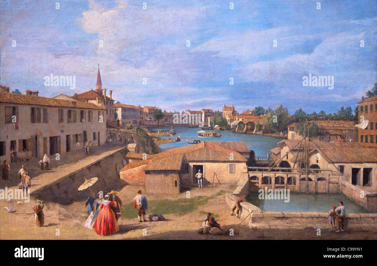 A View of Dolo on the Brenta Canal, by Canaletto, Ashmolean Museum, Oxford University, Oxford, England Stock Photo