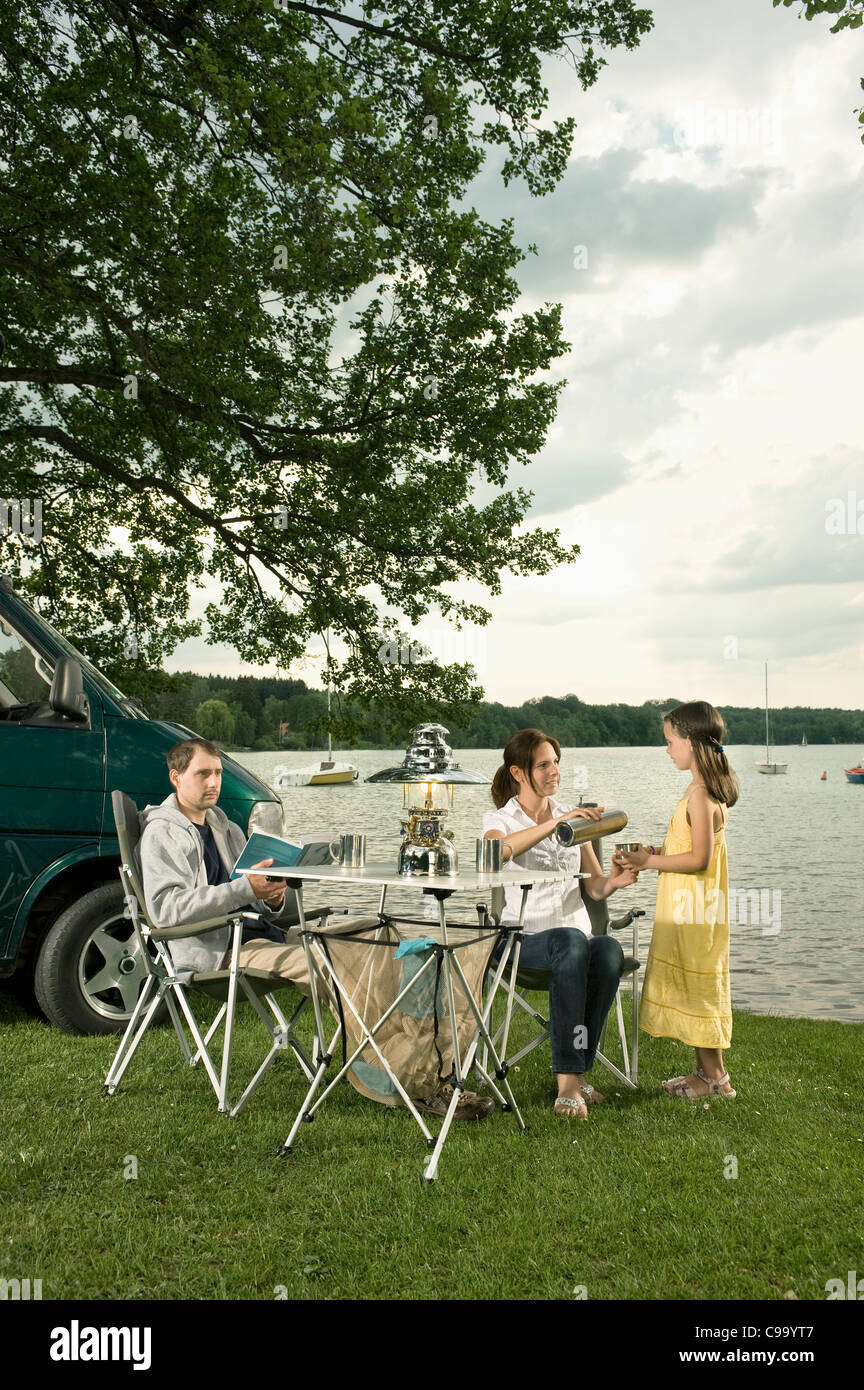 Germany, Bavaria, Woerthsee, Family camping near lakeside Stock Photo