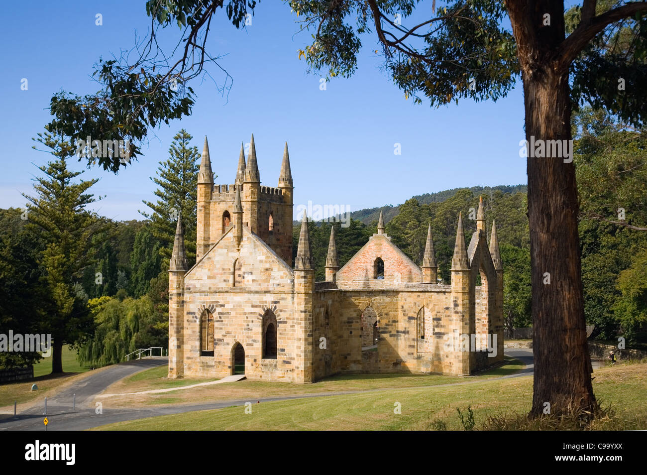 Ruins of the Church at the Port Arthur Historic Site.  Port Arthur, Tasmania, Australia Stock Photo