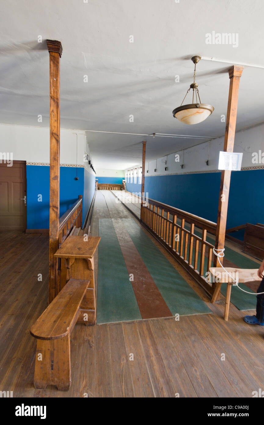 Bowling alley in a renovated building Kolmanskop a former diamond mine in Namibia Stock Photo