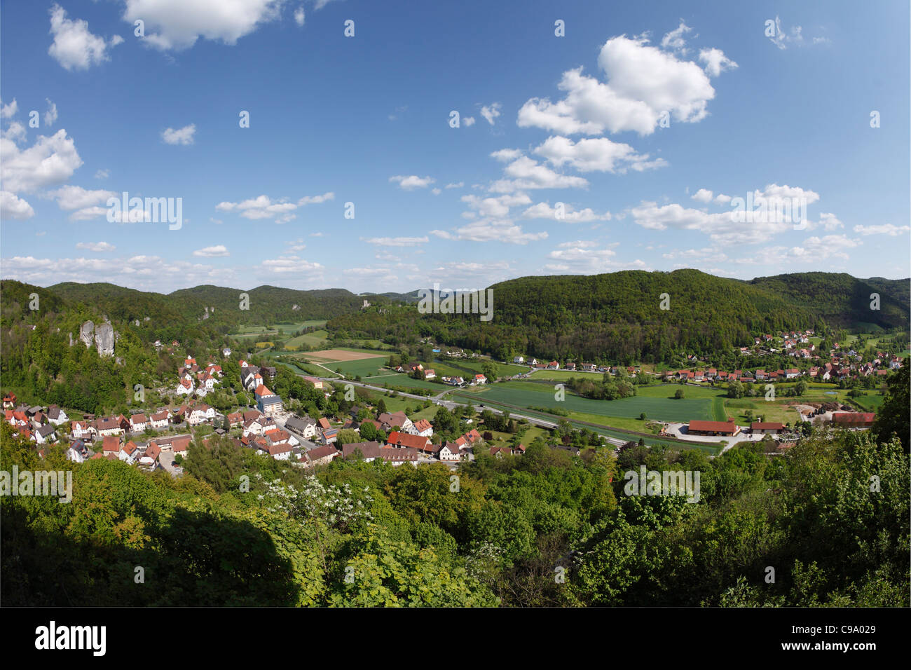 Germany, Bavaria, Franconia, Franconian Switzerland, Streitberg, View of  Wiesenttal  borough Stock Photo