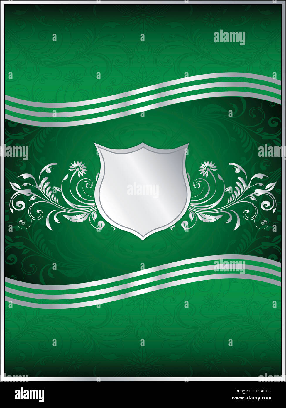 A luxurious emerald green vector background template with ornate silver leaf design flourishes Stock Photo