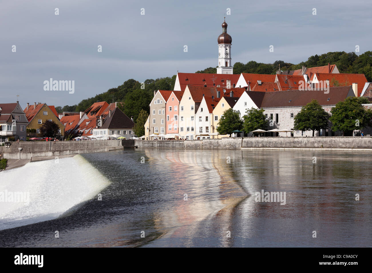 Germany, Bavaria, Upper Bavaria, Landsberg am Lech, View of Lech river in front of town Stock Photo
