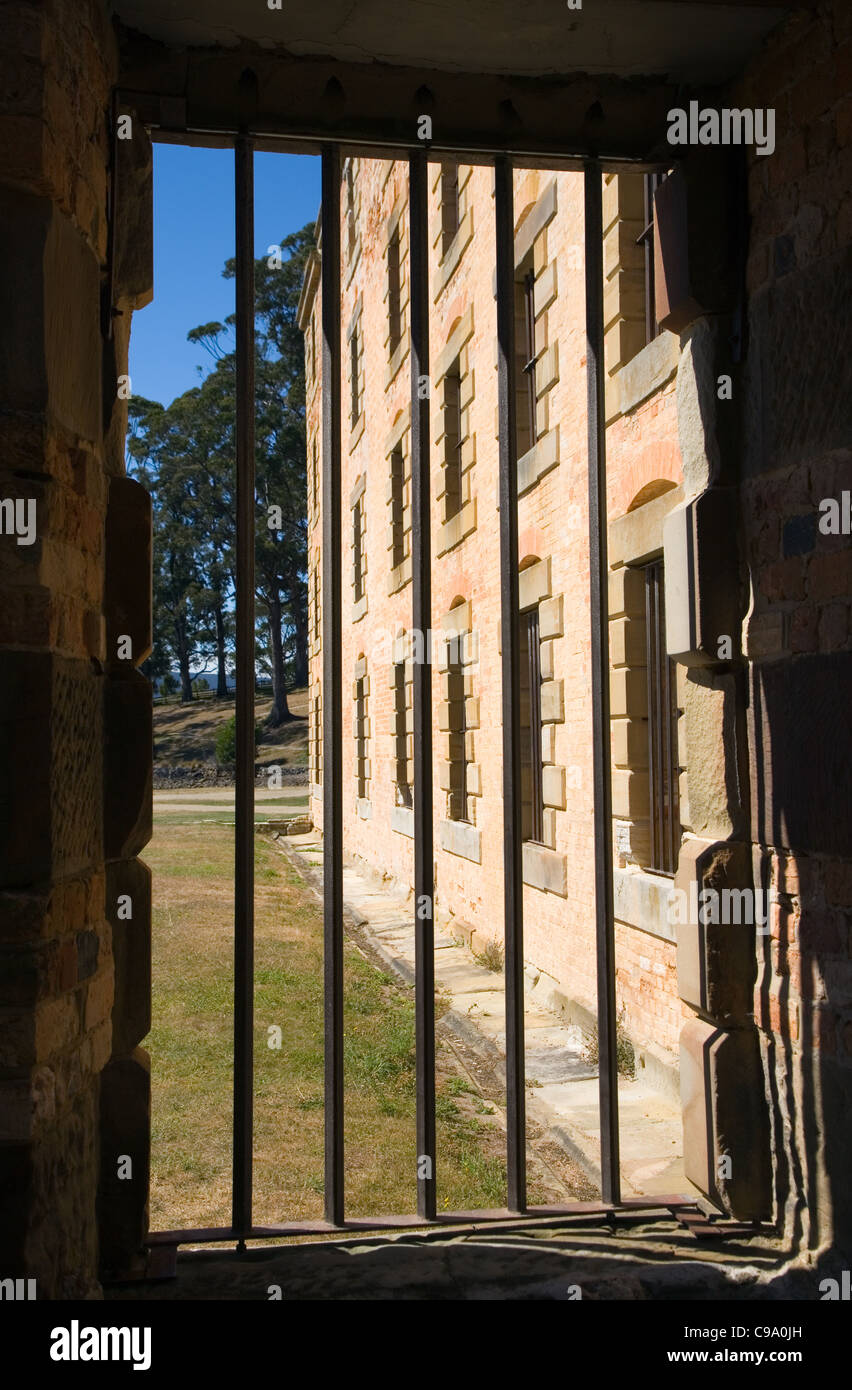 View through the jail cell windows of the Penitentiary, at the Port Arthur Historic Site.  Port Arthur, Tasmania, Australia Stock Photo