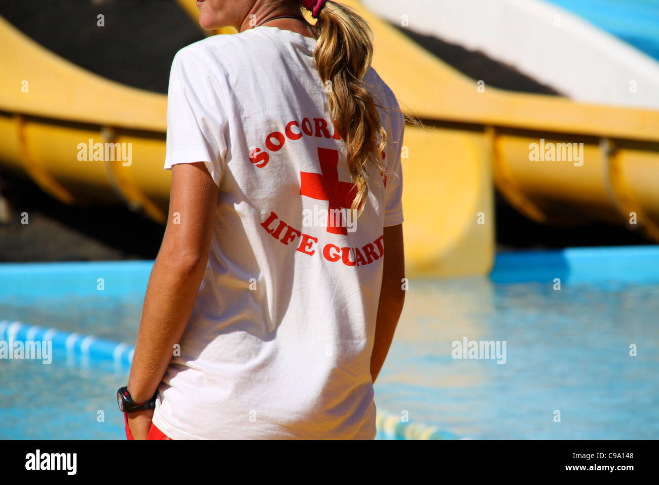 Lifeguard at Spanish water park Stock Photo Alamy
