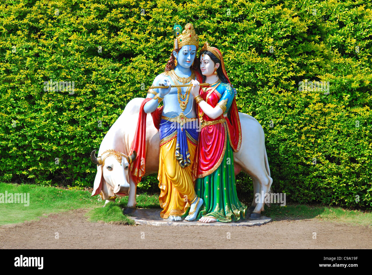 A statue of Lord Krishna and Radha at Anand Sagar Garden Complex, Shegaon, Maharashtra State, India. Stock Photo