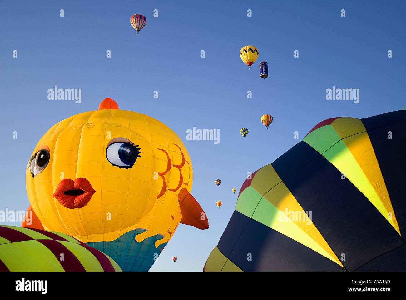 USA, New Mexico, Albuquerque, Annual balloon fiesta, Colourful hot air balloons. Stock Photo