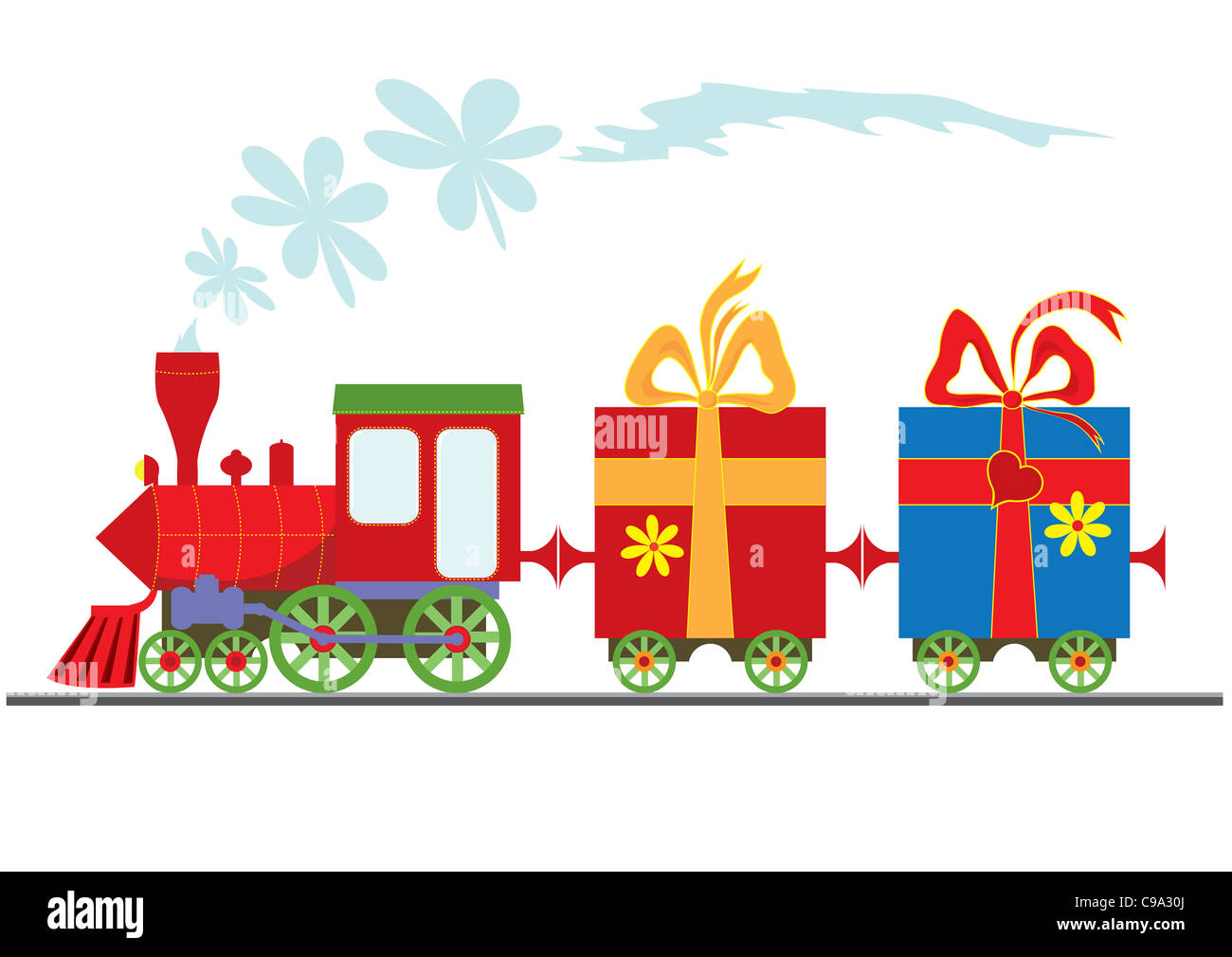 cartoon steam locomotive with gift boxes Stock Photo