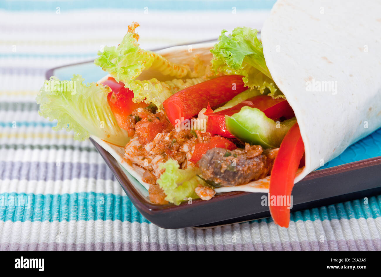 Spicy chicken with salad wrapped in a soft flour tortilla Stock Photo