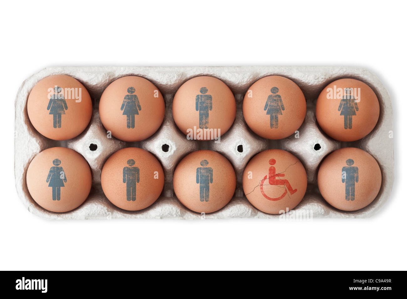 Box of eggs. Male and female symbols on nine of them and one cracked egg with a disabled symbol on it. White background, Cutout Stock Photo