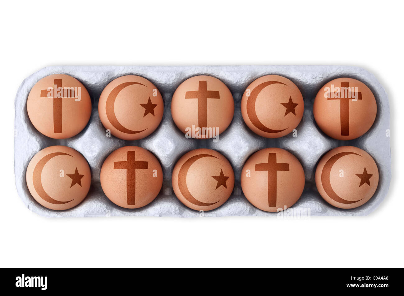 Box of eggs with Christian and Islamic symbols of religious doctrines printed on each one.  White background, Cutout Stock Photo