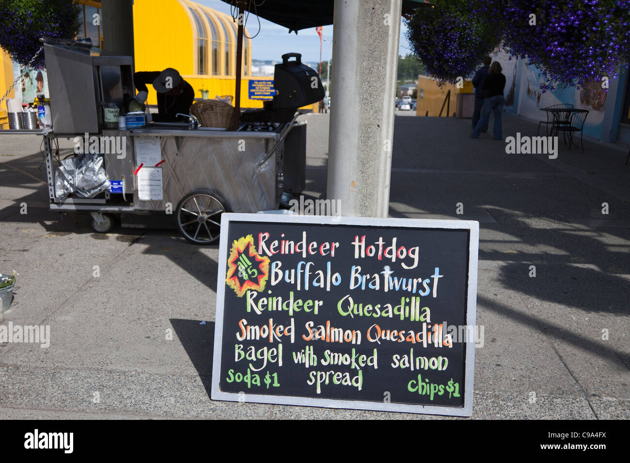 Street food vendor with exotic Alaskan foods in downtown Anchorage, Alaska. Stock Photo