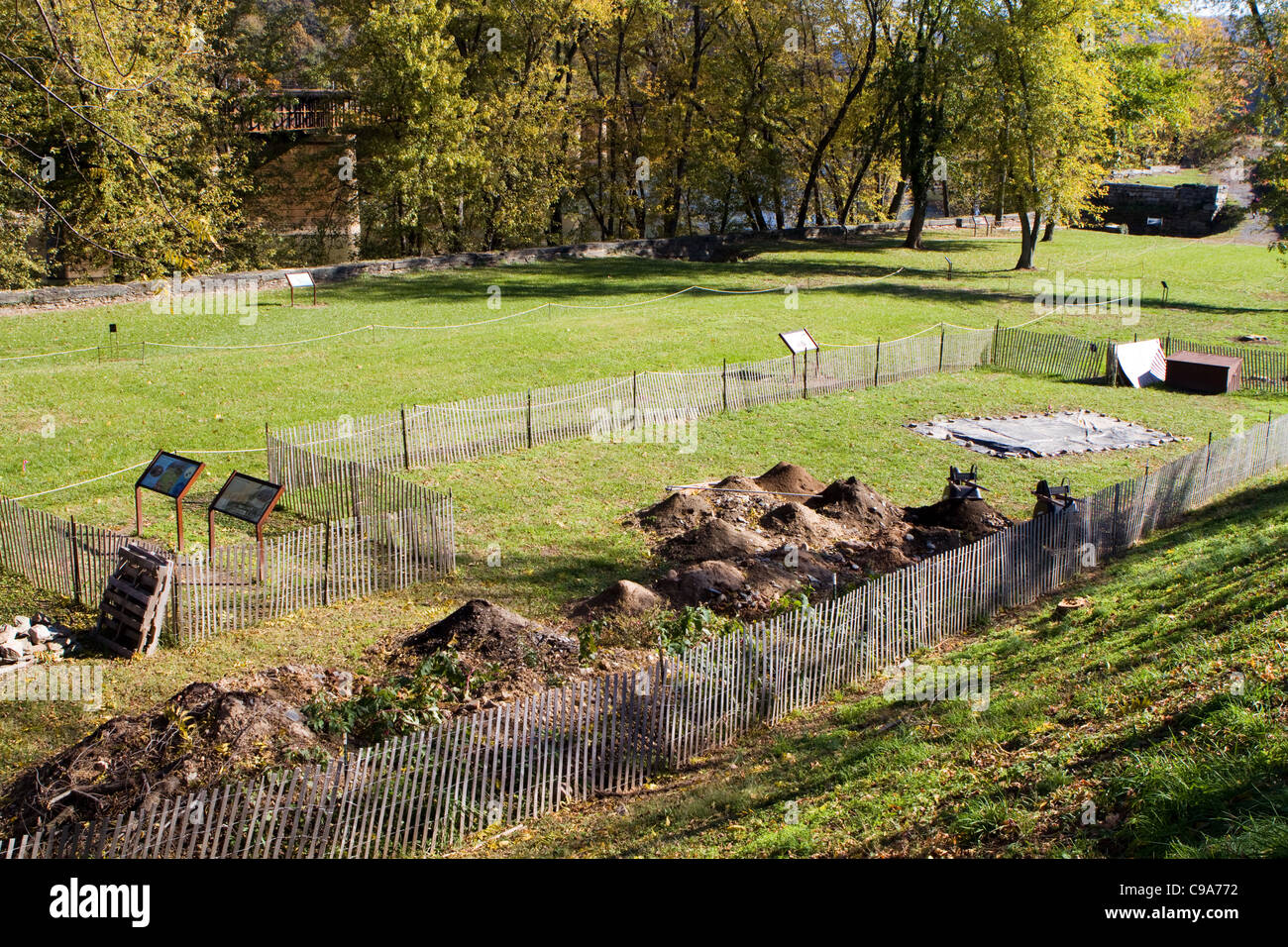 Archaeology dig site at Harpers Ferry National Historical Park in West Virginia where artifacts are excavated from the soil. Stock Photo