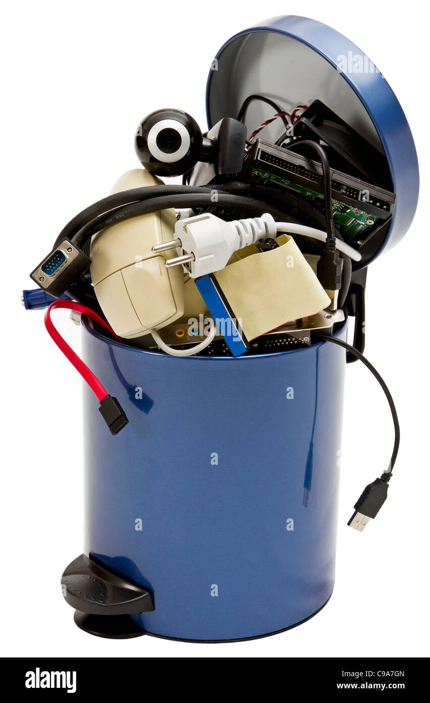small trashcan with electronic waste on white background Stock Photo