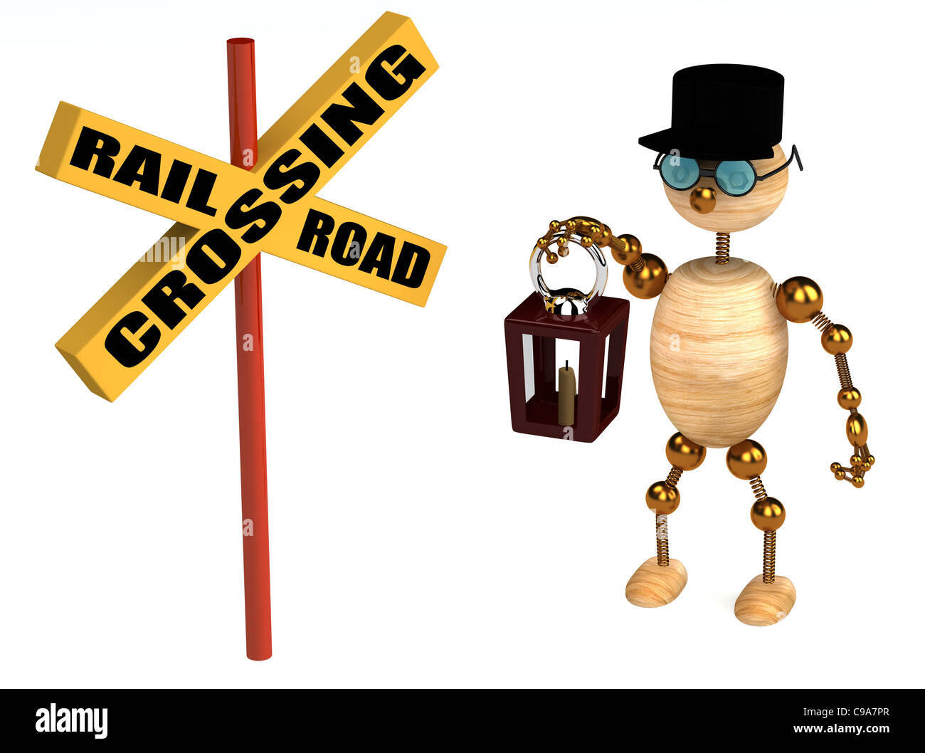 3d railroad crossing sign and wood man isolated Stock Photo
