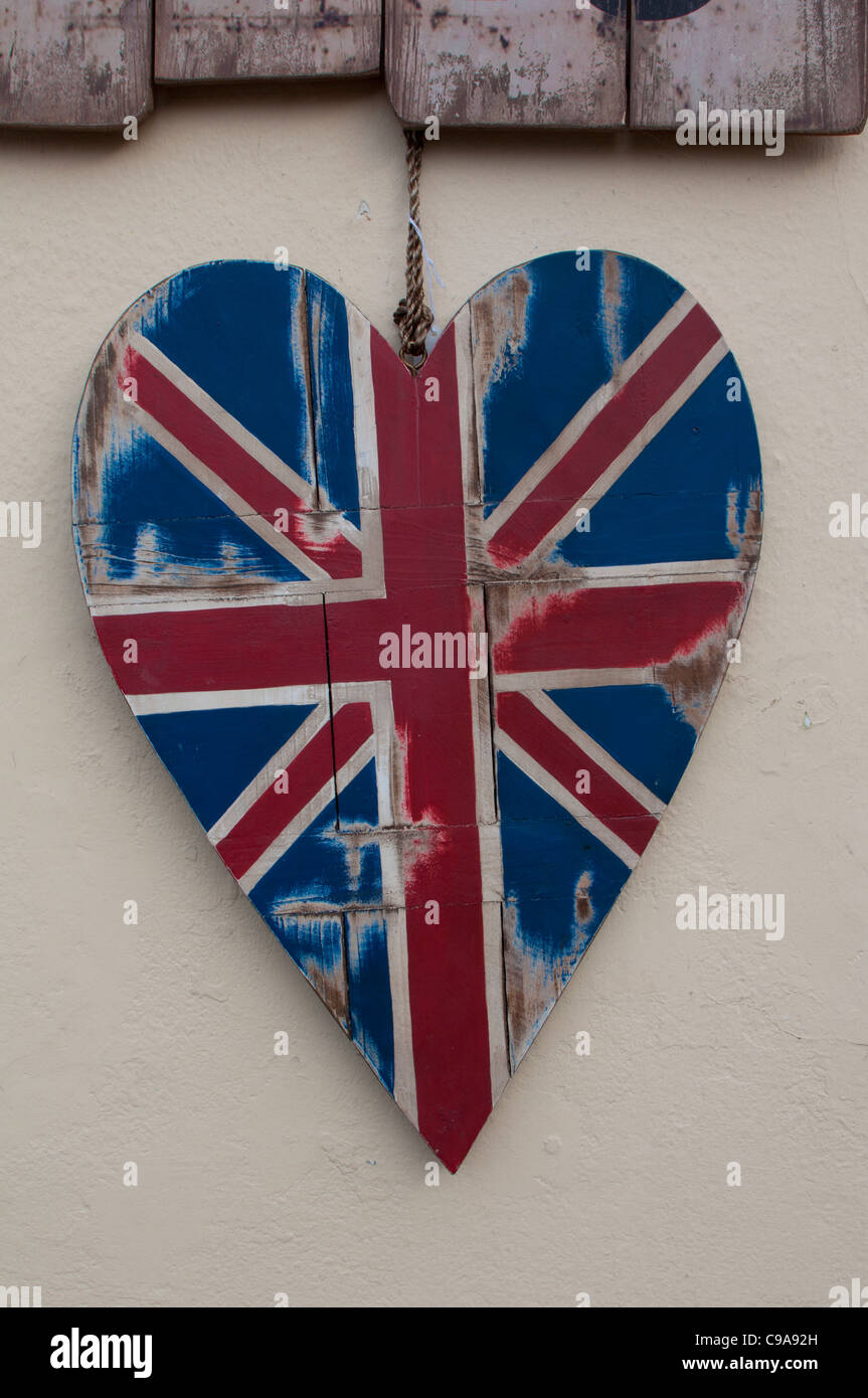 Wooden Union Jack heart Stock Photo