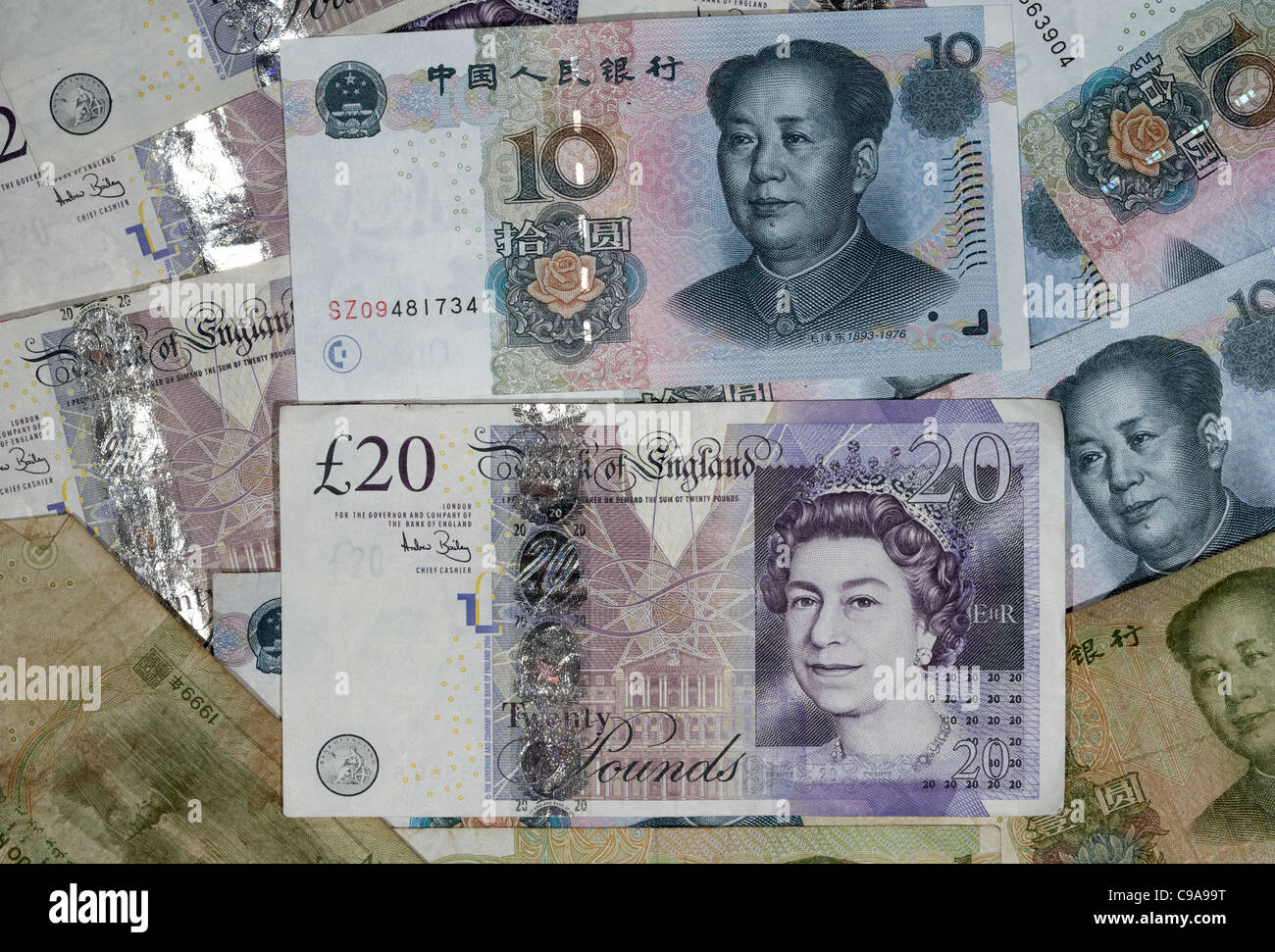 chinese renminbi rmb and british pounds banknotes Stock Photo
