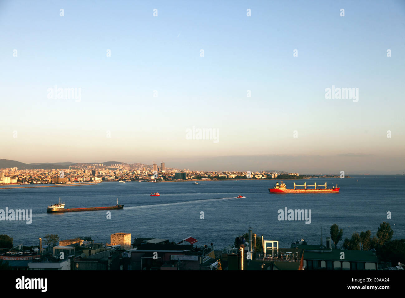 RED OIL TANKERS ON BOSPHORUS TAKSIM ISTANBUL TURKEY 03 October 2011 Stock Photo