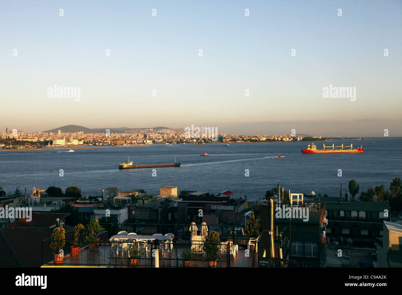 RED OIL TANKERS ON BOSPHORUS TAKSIM ISTANBUL TURKEY 03 October 2011 Stock Photo